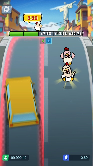 The theme is simple: a chicken running down a road